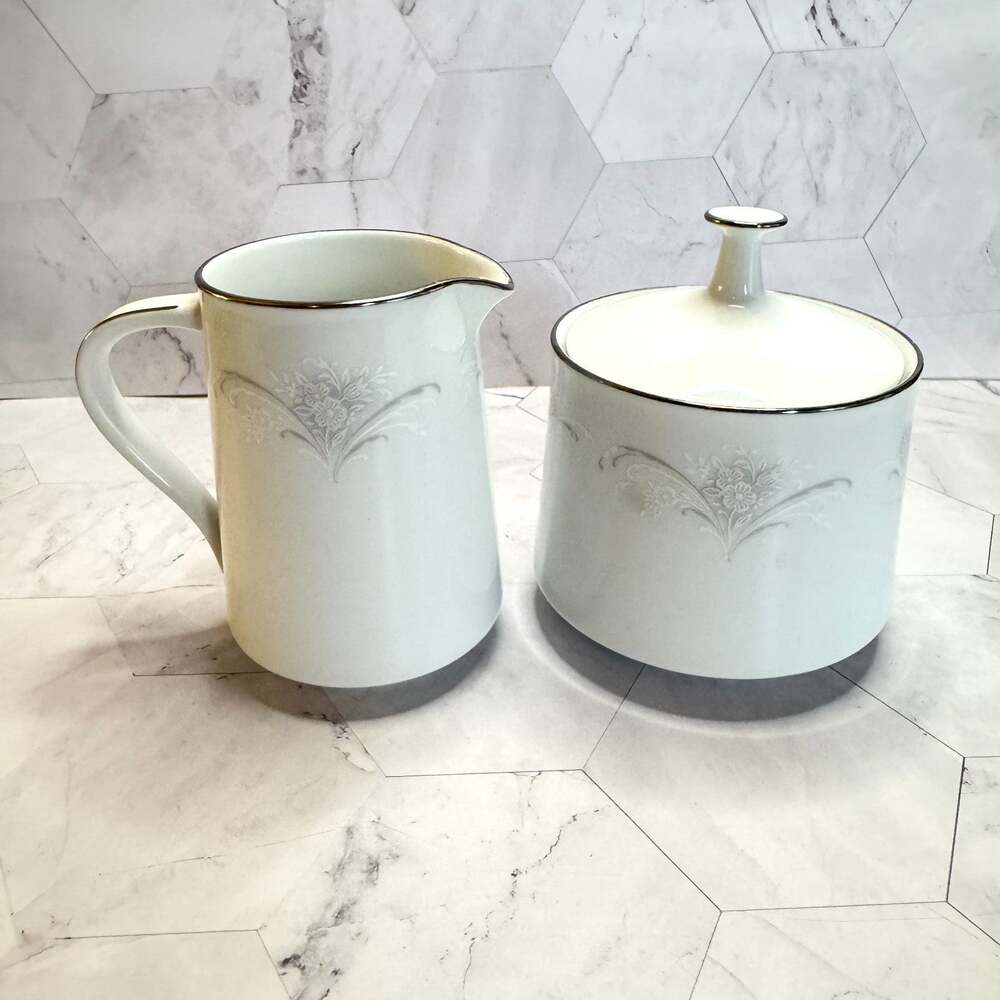 Noritake Japan Casablanca Cream & Sugar Bowl 6842 Platinum Trim Silver Floral